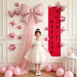 寻年味 公主生日背景布置粉色蝴蝶结纱幔气球红色条幅女童生日拍照道具10
