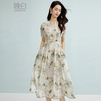 晚白 雪纺印花系带收腰连衣裙时尚休闲宽松遮肉显瘦裙子 花色 L