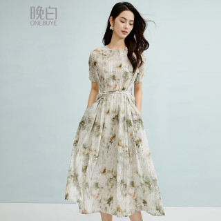 晚白 雪纺印花系带收腰连衣裙时尚休闲宽松遮肉显瘦裙子 花色 L