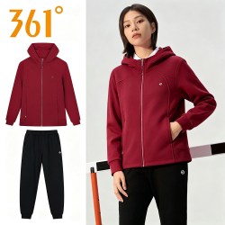 361° 361度红色运动套装女款春秋连帽针织外套束脚长裤两件套运动服女
