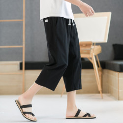 月伊纺 中国风棉麻短裤男士宽松大码夏季休闲裤青年100%纯棉直筒七分裤