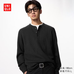 优衣库 华夫格亨利领套头衫/长袖男装女装情侣T恤482766 486104 486104/09黑色 S