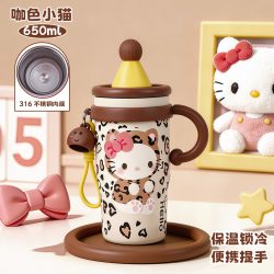 亲琴 猫咪保温杯女款学生吸管水杯便携手柄杯子316不锈钢咖啡杯