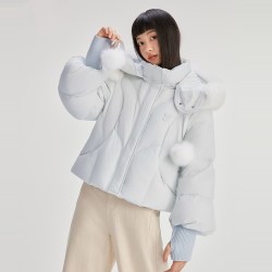 艾莱依 甜美羽绒服女短款新款连帽毛领保暖外套