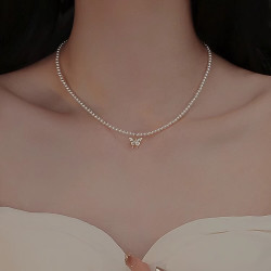 洛梵欣饰 施家小米珍珠蝴蝶结颈链女甜美文艺choker锁骨链新款项链 F0471-3蝴蝶珍珠项链 925银