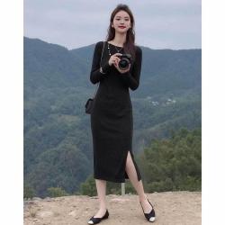 WBWQ 女人味针织连衣裙修身显瘦气质百搭黑色轻新中式中裙