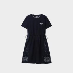 FILA 女装时尚休闲舒适连衣裙女士拼接T恤裙日常通勤收腰显瘦T恤裙