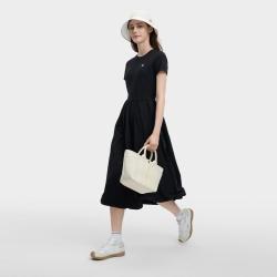 FILA 女装时尚百搭连衣裙女士简约通勤休闲拼接舒适圆领短袖裙子