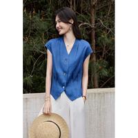 3S 天丝亚麻压褶小飞袖衬衫女2026夏季时尚高级感坎肩收腰上衣
