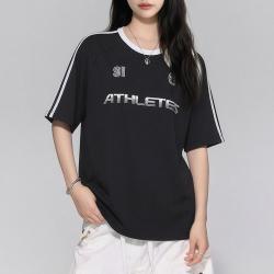 安踏 纯棉休闲短袖t恤男女夏季拼接宽松撞色球衣半袖情侣透气运动上衣