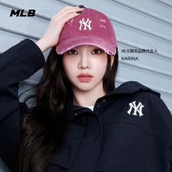 MLB 官方KARINA同款时尚百搭做旧磨破软顶棒球帽复古鸭舌帽CPVV3