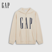 Gap 早秋logo胶印抓绒连帽开衫卫衣 米色