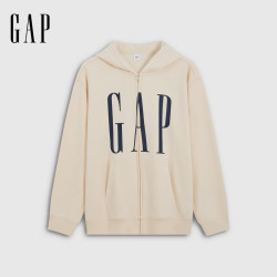 Gap 早秋logo胶印抓绒连帽开衫卫衣 米色
