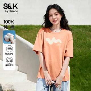 班尼路 S&K纯棉短袖T恤女夏季亲肤宽松休闲小个子圆领内外搭上衣服半袖1 橘#黄色线 M