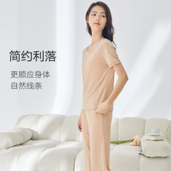 欧迪芬 家居服休闲睡衣亲肤透气柔软顺滑短袖长裤套装女XH3777O 亚褐色 M