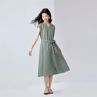 佐丹奴 连衣裙夏季天然棉麻连衣裙V领绑带收腰连袖梭织连衣裙女款