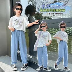木木屋 童装女童套装夏装2025年中大儿童夏季牛仔长裤休闲两件套