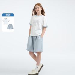 梦特娇 女大童青少年夏季宽松休闲蝴蝶结印花短袖短裤两件套