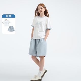 梦特娇 女大童青少年夏季宽松休闲蝴蝶结印花短袖短裤两件套