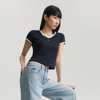 Lee 26年春夏罗纹撞色V领小Logo徽标女短袖T恤