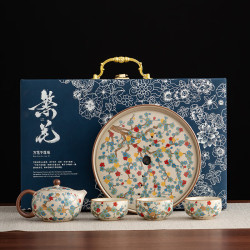 茉舟 金梅花汝窑茶具套装家用轻奢礼盒送长辈老师母亲乔迁生日礼物 金梅一壶三杯+圆茶盘+礼盒