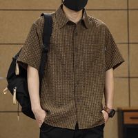 马登 美式薄款冰丝格子短袖衬衫男2026夏季新款高级感速干男款半袖衬衣