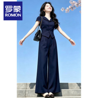 罗蒙 感时尚套装女2026夏季新款小个子V领短袖衬衫阔腿裤两件套潮 藏青色 L （建议100斤-115斤）