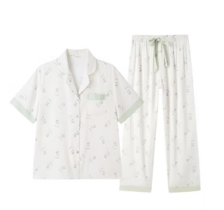 欧迪芬 睡衣女短袖长裤开衫翻领可外穿家居服套装