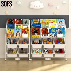 SOFS 儿童玩具收纳绘本架移动带轮宝宝书架分类整理置物架储物落地一体 XL码3 2层 白色6盒 带轮