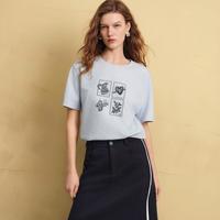 ELLE 复古印花圆领女式T恤2026秋季新款都市休闲风正肩短袖上衣