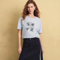ELLE 复古印花圆领女式T恤2026秋季新款都市休闲风正肩短袖上衣