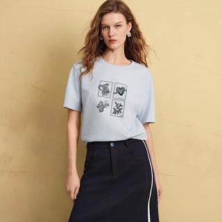 ELLE 复古印花圆领女式T恤2026秋季新款都市休闲风正肩短袖上衣