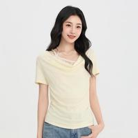 三福 短T恤2026夏季蕾丝拼接褶皱收腰休闲合身上衣女装525818