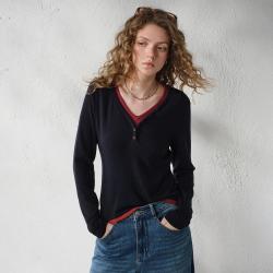 初语 26秋新款V领T恤女短款设计感撞色假两件长袖上衣