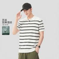 马克华菲 莱赛尔天丝亚麻针织透气条纹男士polo衫短袖上衣
