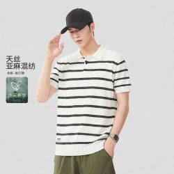 马克华菲 莱赛尔天丝亚麻针织透气条纹男士polo衫短袖上衣
