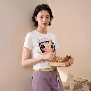F426 国潮夏季新款两穿可收腰短袖T恤显瘦上衣女