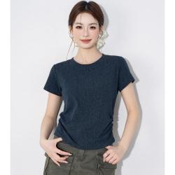 班尼路 都市极简棉感短袖女夏季抽褶收腰显瘦时尚休闲正肩圆领短袖上衣女