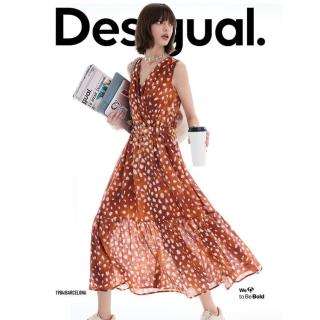 Desigual 【橘色印花V领】无袖女式连衣裙