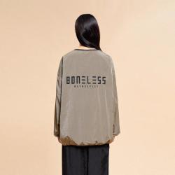 BONELESS 无领梭织长袖圆领尼龙宽松上衣美式春秋轻薄撞色光变百搭休闲T恤
