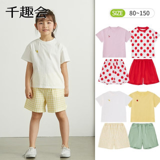 千趣会 女童夏季阔腿短袖短裤套装 本白色&黄色(格纹) 100cm