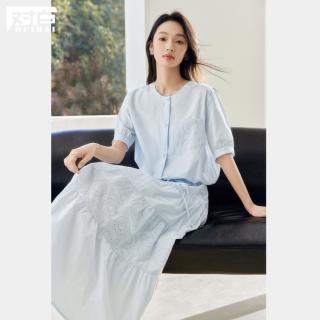 DUIBAI 2025夏装独特镂空刺绣贴袋高级感气质女式短袖圆领衬衫