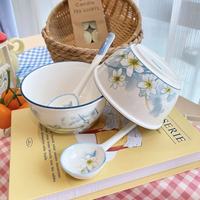 水仙花陶瓷米饭碗手绘釉下彩餐具家用吃饭饭碗4.5英寸2碗2勺