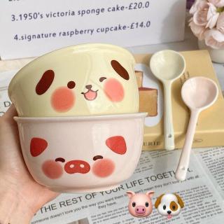 电迈 可爱小猪小狗米饭碗带勺陶瓷碗耐高温少女碗家用吃饭甜品布丁碗