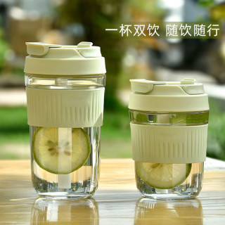 双饮杯透明玻璃杯ins高颜值吸管杯学生女咖啡杯上班族颜控喝水杯