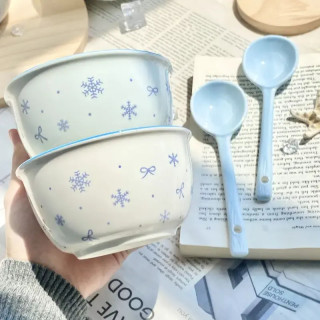 新款釉下彩少女心雪花陶瓷米饭碗餐具沙拉碗耐高温家用碗勺搭配