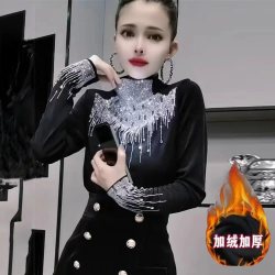 烫钻加绒堆堆领T恤女人味上衣2196#