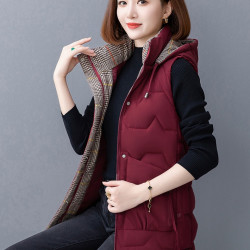 中老年棉格子马甲服装大码秋冬保暖百搭时尚女士外穿中长款妈妈装