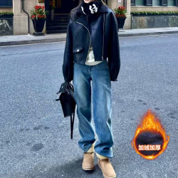 真衣坊 ZHENYIFANG/真衣坊py加绒复古窄版阔腿牛仔裤女高腰直筒拖地6416