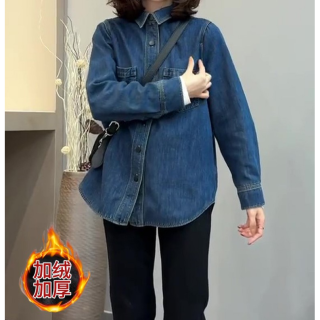 加绒加厚不卷边软牛仔衬衫女秋季内搭叠穿小个子衬衣法式复古上衣